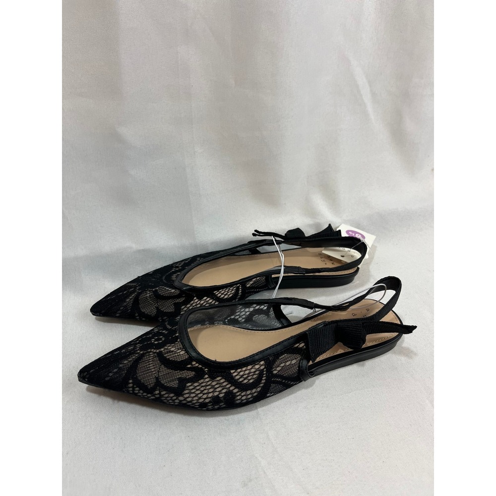A New Day Womens Black Lace Pointed Toe Slingback Flats with Bow Size 6.5